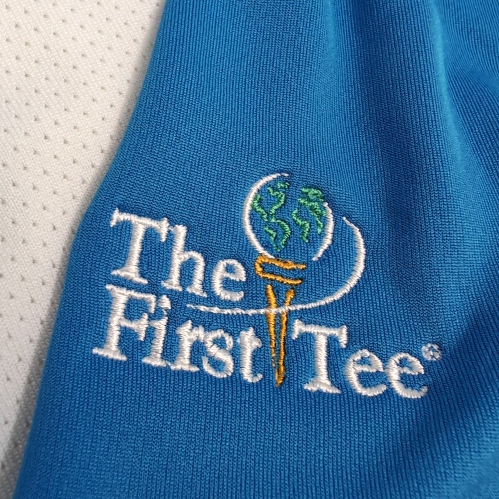Adidas Polo Mens M White Blue Colorblock Stripe S/S 5% Spandex The First Tee - Picture 2 of 8